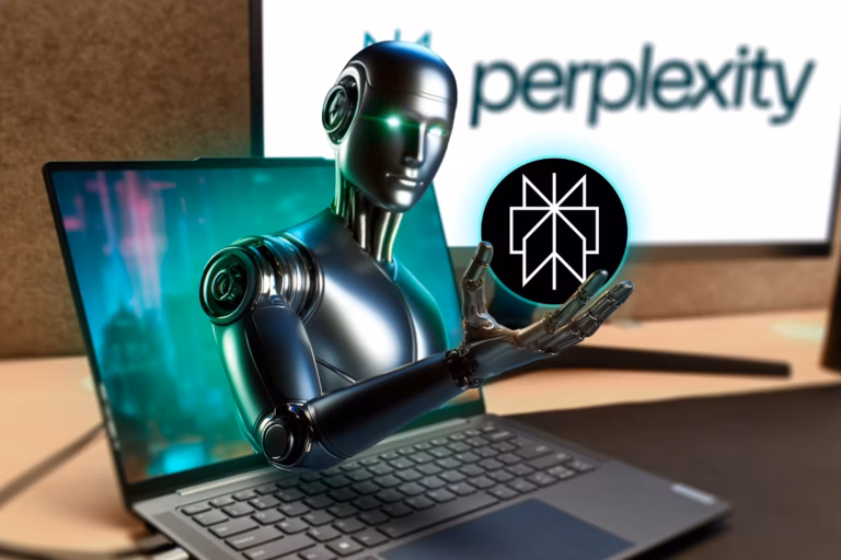 a robot coming out of a laptop screen with the perplexity ai logo in its hand
